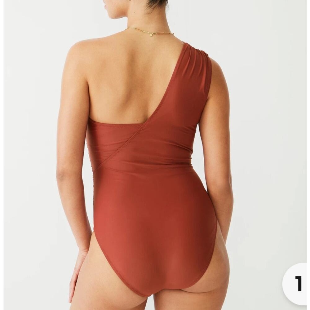 J. Crew Woman's One Shoulder Ruched One Piece Swimsuit Orange Padded Resort 24 - Picture 4 of 10